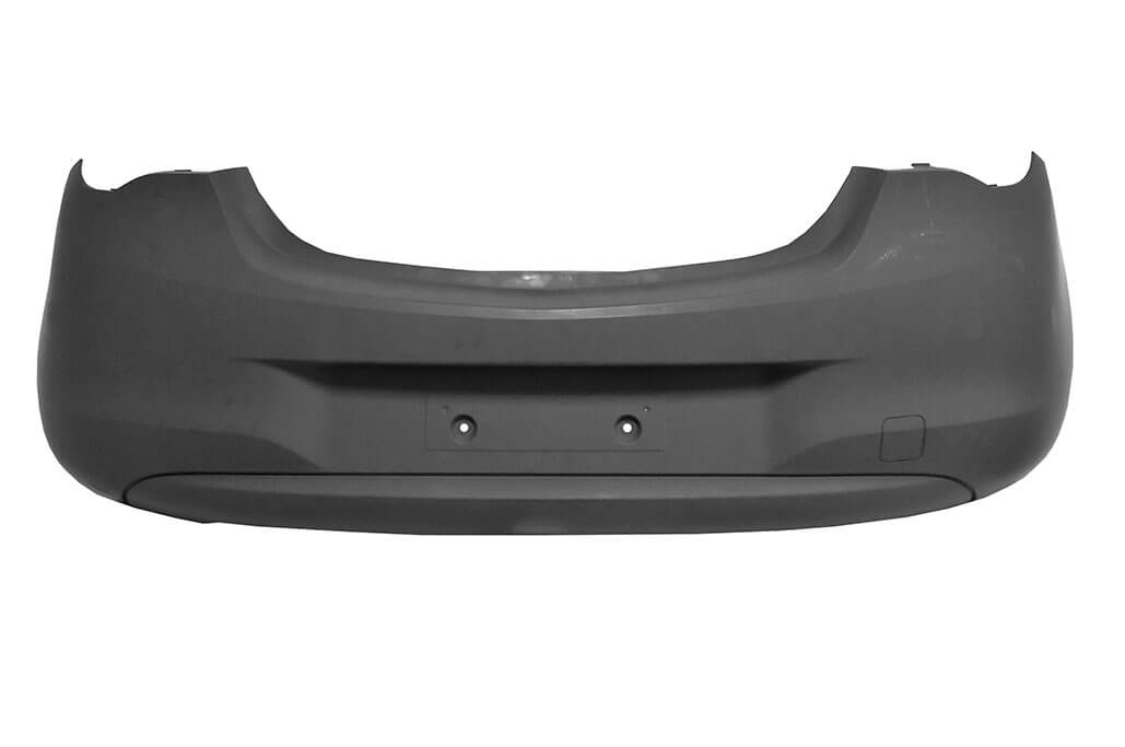 paraurti posteriore con primer con tappo copri gancio con foro scarico piccolo a sinistra con tracce per pdc park assist scarico grande a sinistra e cornice scarico opel vauxhall corsa e 2015 2019 op0361051