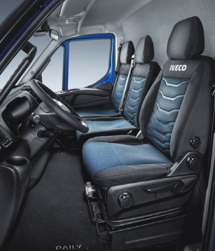 Copri sedile AUTISTA con foro bracciolo e foro manopola di regolazione lombare LINEA BLUE INSTINCT , Tessuto originale blu e nero in microfibra traspirante personalizzato con logo IVECO - 500051474 - Specialista Daily