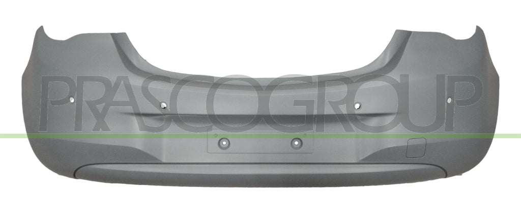 paraurti posteriore con primer con tappo copri gancio con foro scarico piccolo a sinistra con fori per pdc con tracce per park assist scarico grande a sinistra e cornice scarico opel vauxhall corsa e 2015 2019 op0361061